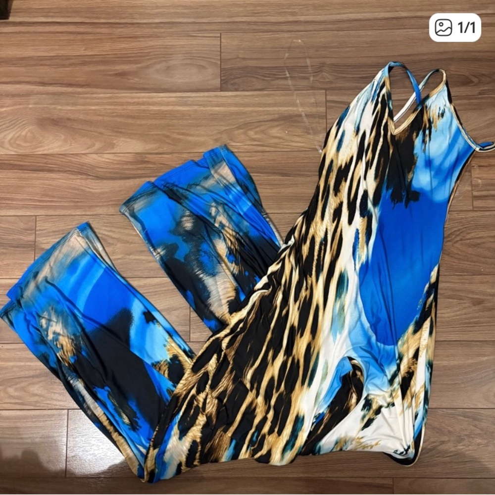 Blue & Animal Print Jumpsuit with scarf